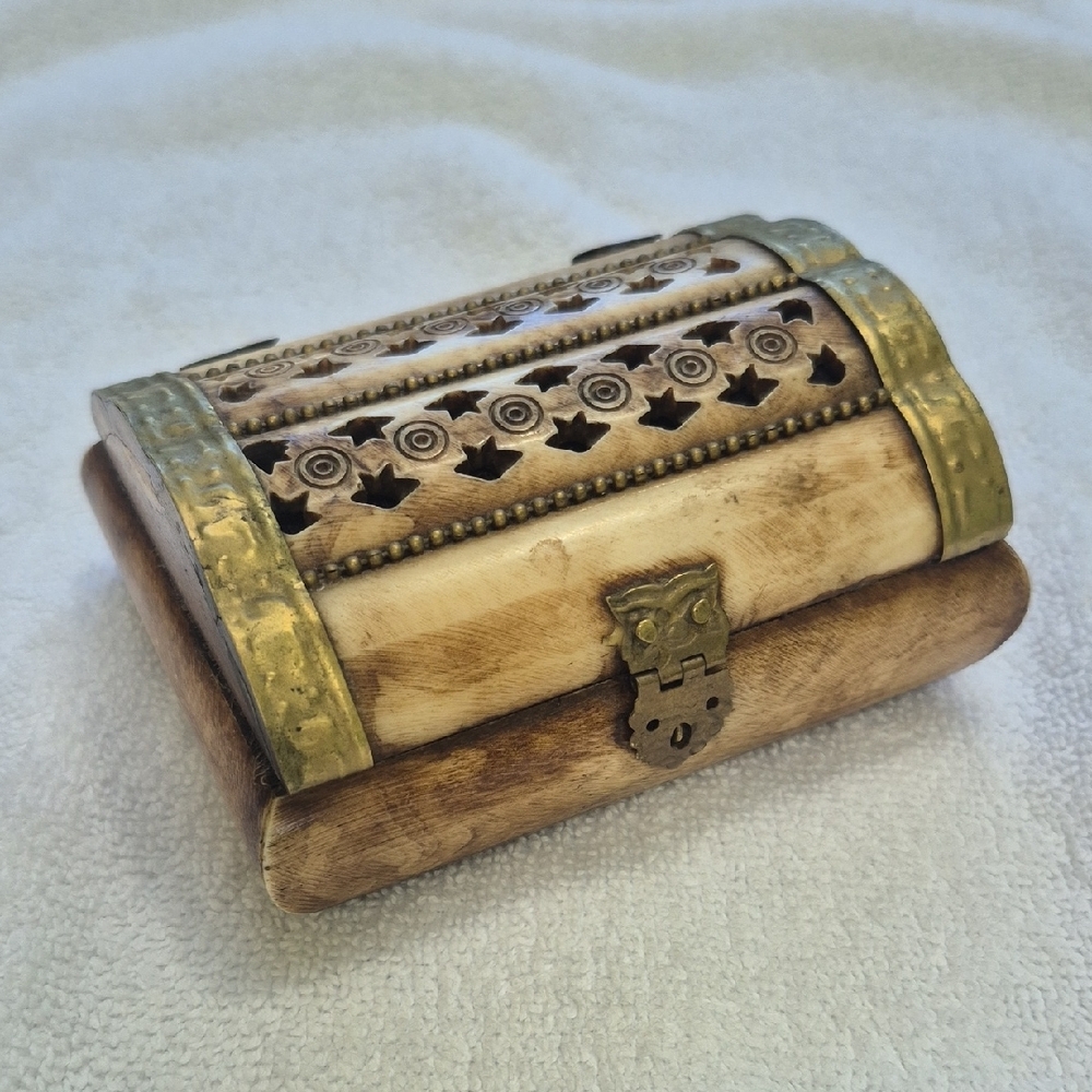 Vintage Camel Bone Brass Trinket Jewelry Box